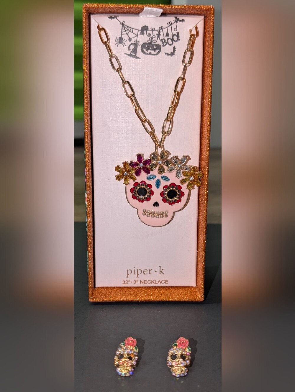 Deadstock Betsey Johnson SugarSkull Earrings & Piper K Skull Necklace Bundle NIB